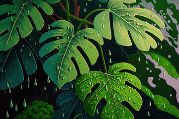 a close up of recently rained out fresh green foliage with water drops. Generative AI