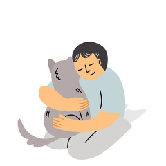 Isolated of a man hugging a dog, therapy dog concept, flat vector illustration.	