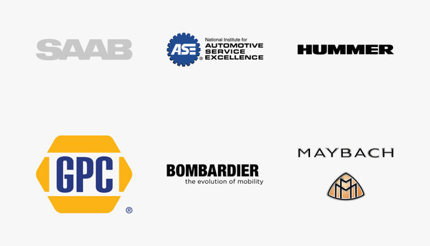 Auto And Moto Logos Collection. Saab, Maybach, Bombardier, Genuine Parts Company, Automotive Service Excellence ASE, Etc. Editorial Vector Icon.