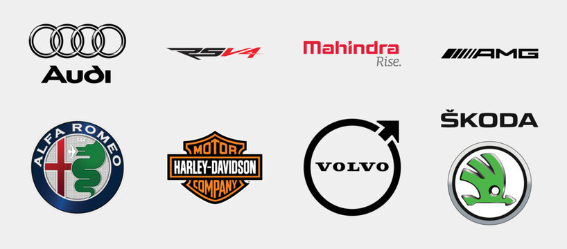Auto and Moto logos collection. Aprilia RSV4, Alfa Romeo, Audi, Volvo, Skoda, Harley Davidson, AMG, etc. Editorial vector icon.
