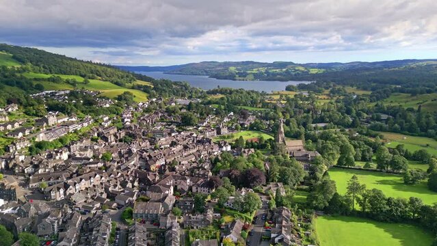 Aerial footage of the old english town of Ambleside in the Lakedistrict, Cumbria, UK