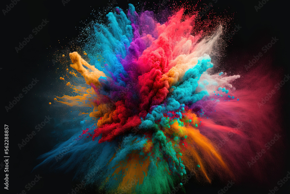 Poster powder explosion with color. abstract close up of background with dust. vibrant explodes holi paints