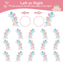 Left or right with cute baby dragon holding balloons. Counting worksheet for kids. Math game. Count and write the result. Left or Right worksheet for kids. Educational printable math worksheet. 