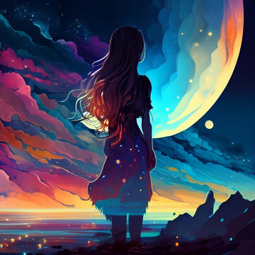 An illustration of a girl silhouette, set against a serene background of the sea, mountains, and night sky. The big fantastic-looking moon adds a touch of fantasy and magic to the scene