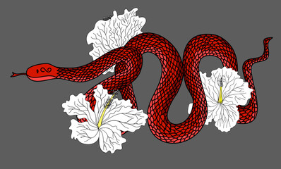 Obraz premium red snake vector and Cherry flower spring season vector illustration background.Poster design Red snake Reptile and Sakura flower for printing and tattoo.