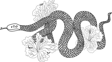 red snake vector and Cherry flower spring season vector illustration background.Poster design Red snake Reptile and Sakura flower for printing and tattoo.