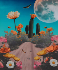 muted pastel collage of flowers and cacti in the desert, faded aesthetic vibe, generative ai