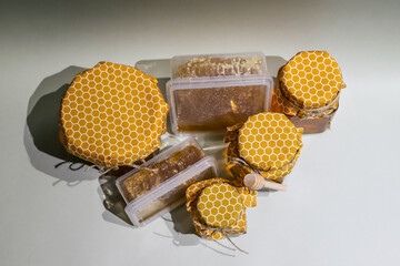 Collection of honey jars and pots mocked up for labelling