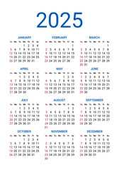 2025 year calendar, week starts on Sunday mockup design. Simple year pocket or wall calendar template, corporate design planner template vector illustration