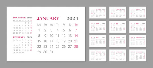 Wall calendar template for 2024 year in minimalist style. Event planner, diary template, week starts on Monday, 12 months set. Monthly calendar ready for print vector illustration