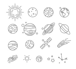 Solar system planets, falling meteor, stars and space satellite set. Universe, celestial bodies, astronomy science concept thin line vector illustration isolated on white - obrazy, fototapety, plakaty