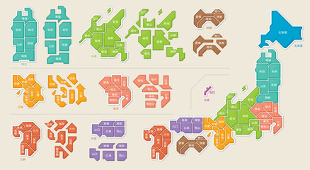 日本地図　色分け　パズルのように立体的な　都道府県名　バラバラになる　