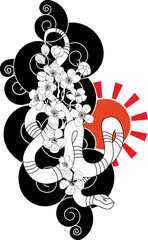 red snake vector and Cherry flower spring season vector illustration background.Poster design Red snake Reptile and Sakura flower for printing and tattoo.