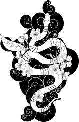 red snake vector and Cherry flower spring season vector illustration background.Poster design Red snake Reptile and Sakura flower for printing and tattoo.
