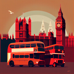 Fototapeta na wymiar london skyline, wes anderson, london, big ben, tower bridge, red double decker busses