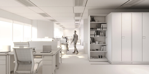 3d Illustration of a modern office with white walls and floor