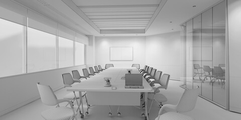 3D render of a modern meeting room with white and glass walls