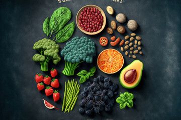 Anti inflammatory diet concept. Set of foods that help to reduce inflammation plant based ingredients, fresh fruit, green vegetables. Healthy diet products, top view, stone background. Toned