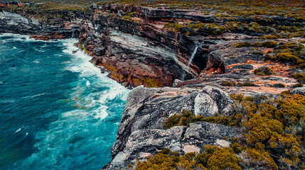 Aerial Drone View Of Curracurrong Falls Above Eagle Rock In Royal National Park, Australia
