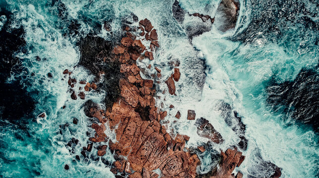 Aerial Drone View of Waves Crashing Onto Rocks In Ocean