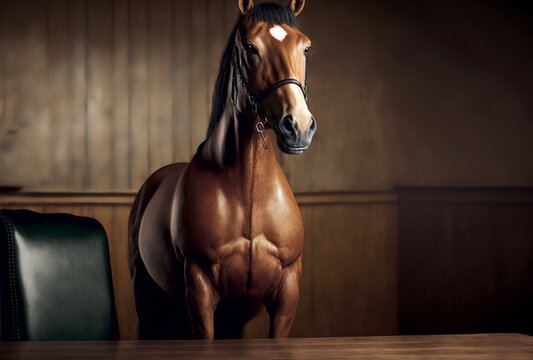 Chestnut Mare Standing In Front Of A Boardroom Table, Representing The Power And Success Of Business Leaders (AI Generated)