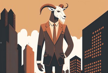 goat standing tall in a suit, looking confident and powerful while standing in front of a city skyline, DIGITAL ART (AI Generated)