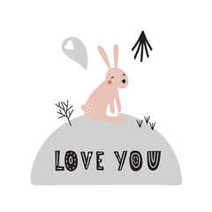 Vector illustration with cute hare and phrase love you on white background for your design