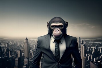 monkey wearing a suit and tie, standing on top of a skyscraper, symbolising the power and success of business leadership (AI Generated) - obrazy, fototapety, plakaty