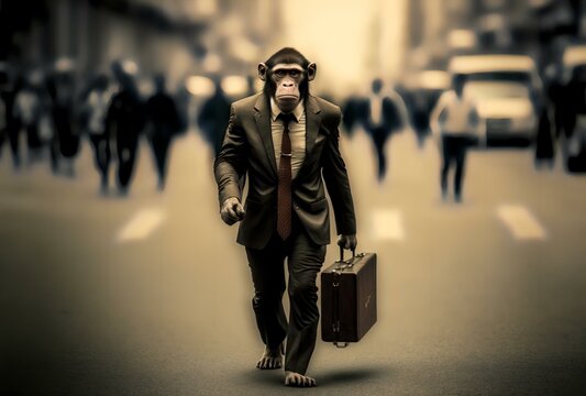 monkey wearing a suit and tie, holding a briefcase and walking down a busy street, symbolising the power and success of business leadership (AI Generated)
