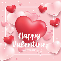 Fototapeta na wymiar Happy Valentine's Day and White Day Sale banner. Holiday background with border frame made of realistic heart shaped red, pink and white balloons. Horizontal poster, greeting card, header for website.