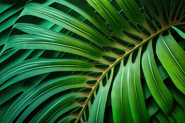 Fototapeta na wymiar texture of a tropical palm leaf, close up of substantial foliage, background of nature. Generative AI