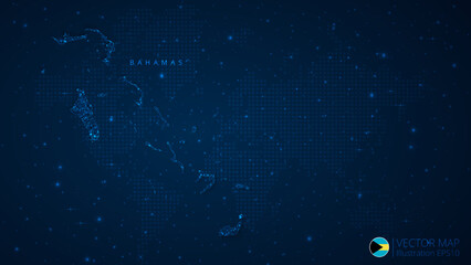 Map of Bahamas modern design with polygonal shapes on dark blue background. Business wireframe mesh spheres from flying debris. Blue structure style vector illustration concept