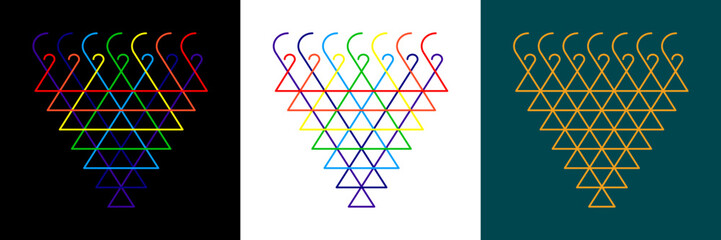 Saraswati Goddess of knowledge Yantra worshiped on the occasion of Vasant aka Basant Panchami, Vijayadashami, Dussehra, Diwali. Outline Vector pattern Symbol in black and white, Rainbow multicolored