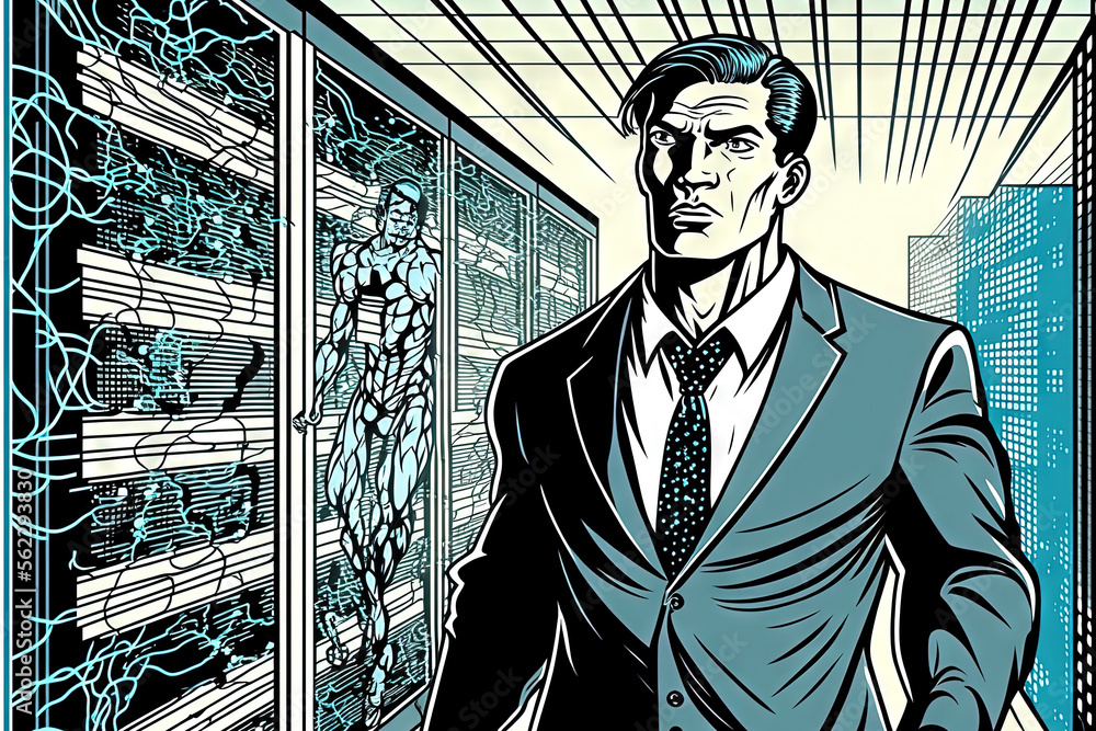 Poster businessman morphing into a wireframe with a background of a server room. generative ai