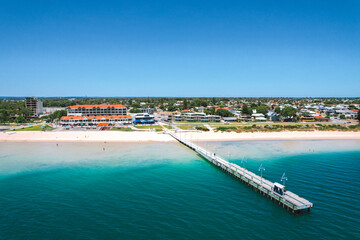 Fototapeta na wymiar Rockingham Foreshore jetty and aerial view of the shallow clear ocean water