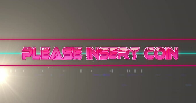 Animation of please insert coin text and shapes over light spots on black background