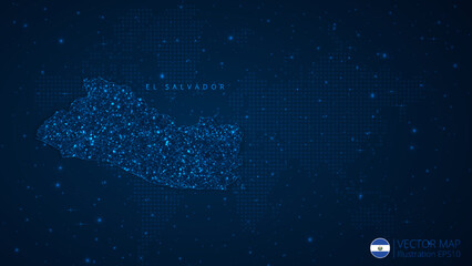 Fototapeta na wymiar Map of El Salvador modern design with polygonal shapes on dark blue background. Business wireframe mesh spheres from flying debris. Blue structure style vector illustration concept