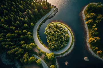 Foto op Aluminium Bird's eye view of a curvy road next to water. Aerial, drone photography taken from above in Sweden in summer. Surroundings with trees and a lake. Copy space and place for text. Travel concept © AkuAku