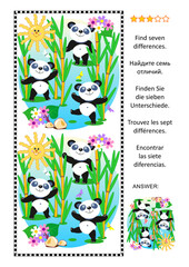 Difference game with cute panda bears feeding in bamboo forest. Answer included.

