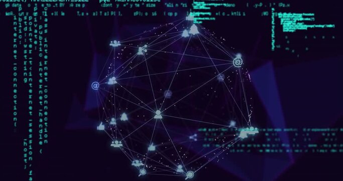 Animation of globe with network of connections and data processing