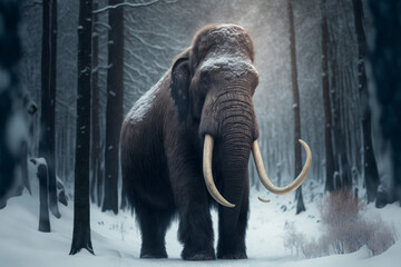An Woolly Mammoth standing in the middle of a snowy forest, Generative AI