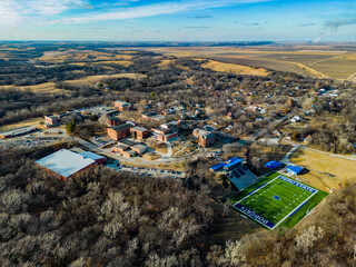 aerial view of Peru State College public college in Nebraska during the winter 