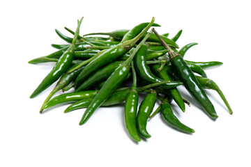 Fresh green chilies over white background.