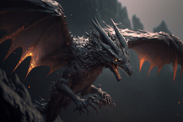 A black dragon is flying through the air, a large dragon with orange eyes and sharp teeth, Generative AI