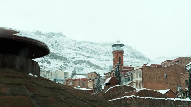 Tbilisi old town, Georgia, winter city, Castle on the mountain, Narikala Fortress, snowfall, Caucasus, Tbilisi Central Mosque, sulfur baths