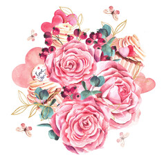 Romantic composition of pink roses, berriеs, golden branches and butterflies on a white background. Watercolor illustration.
