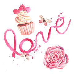 Pink elements on a white background. Cupcake, rose, and the word Love. Spray splashes. Illustration.