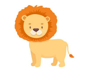 Cute lion in cartoon style. Drawing african baby wild cat isolated on white background. Vector sweet tiger for kids poster and card. Jungle animal