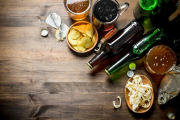 Beer with chips and squid rings in bowl and dried fish.