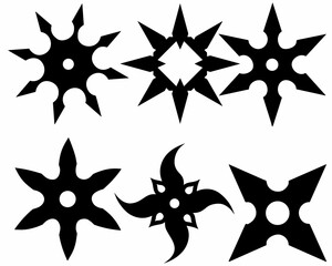 set of silhouette shuriken,  white background